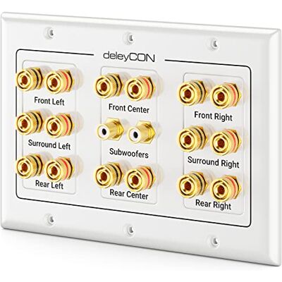 deleyCON Tomada de conexão tomada de parede para altifalante placa de parede com fichas tipo banana para sistema Surround Sound 7.1 e subwoofer para cinema em casa deleyCON Tomada de conexão tomada de parede para altifalante placa de parede com fichas tipo banana para sistema Surround Sound 7.1 e subwoofer para cinema em casa