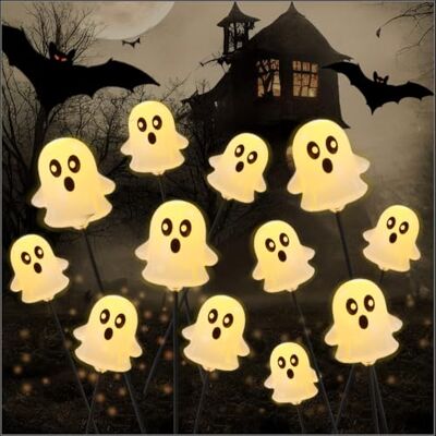 JOYIN Luzes solares de fantasma para exteriores, 2 unidades de 12 LED, luzes LED flutuantes para jardim, decoração para Halloween, cemitério, jardim, pátio, relva JOYIN Luzes solares de fantasma para exteriores, 2 unidades de 12 LED, luzes LED flutuantes para jardim, decoração para Halloween, cemitério, jardim, pátio, relva