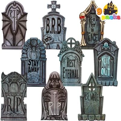 JOYIN Lápides de Halloween de plástico de 41 cm, 9 peças de lápides Rip com 18 estacas de metal para acessórios de Halloween, cemitério, exteriores, pátio, decorações de relva ao ar livre JOYIN Lápides de Halloween de plástico de 41 cm, 9 peças de lápides Rip com 18 estacas de metal para acessórios de Halloween, cemitério, exteriores, pátio, decorações de relva ao ar livre