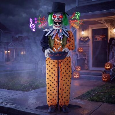 JOYIN Figura de palhaço animatrônico de Halloween de 140 cm, tamanho natural, ativado por ruído, com função de cuspir doces, palhaço de esqueleto animatrônico com tigela, acessório assustador para JOYIN Figura de palhaço animatrônico de Halloween de 140 cm, tamanho natural, ativado por ruído, com função de cuspir doces, palhaço de esqueleto animatrônico com tigela, acessório assustador para