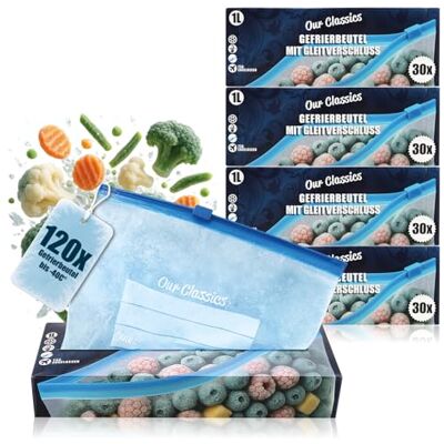 com-four 120 sacos de congelação, 1 l, sacos alimentares reutilizáveis com fecho, conservação de aroma e frescura dos alimentos, 1 L 120 peças com-four 120 sacos de congelação, 1 l, sacos alimentares reutilizáveis com fecho, conservação de aroma e frescura dos alimentos, 1 L 120 peças