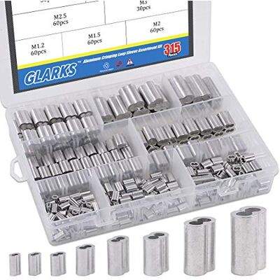 Glarks 315 peças de 8 tamanhos M1.2-M6 alumínio prensado manga dupla barril virola para corda de arame e linha de cabo kit sortido Glarks 315 peças de 8 tamanhos M1.2-M6 alumínio prensado manga dupla barril virola para corda de arame e linha de cabo kit sortido