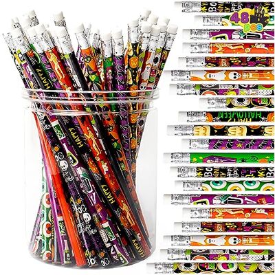 JOYIN 48 lápis de Halloween com borracha, 12 designs diferentes lápis, conjunto de papelaria para meninos, meninas e meninos JOYIN 48 lápis de Halloween com borracha, 12 designs diferentes lápis, conjunto de papelaria para meninos, meninas e meninos