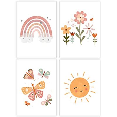 Vegena Conjunto de 4 imagens para quarto de meninos e meninas, póster decorativo para quarto infantil, arco-íris, sol, nuvem, flores e borboletas, murais para quarto de bebé Vegena Conjunto de 4 imagens para quarto de meninos e meninas, póster decorativo para quarto infantil, arco-íris, sol, nuvem, flores e borboletas, murais para quarto de bebé