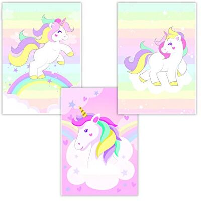 WIETRE Conjunto de 3 quadros de unicórnios decoração do quarto do bebé quadro menina rosa póster DIN A4 presente unicórnio unicórnio animais póster meninas decoração arco-íris sem moldura WIETRE Conjunto de 3 quadros de unicórnios decoração do quarto do bebé quadro menina rosa póster DIN A4 presente unicórnio unicórnio animais póster meninas decoração arco-íris sem moldura
