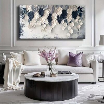 Quadro emoldurado com design de folhas botânicas em branco e azul, obra de arte moderna, tela para sala de estar, quarto, casa, escritório, decoração, 70 x 140 cm (28 x 55 polegadas) com moldura Quadro emoldurado com design de folhas botânicas em branco e azul, obra de arte moderna, tela para sala de estar, quarto, casa, escritório, decoração, 70 x 140 cm (28 x 55 polegadas) com moldura