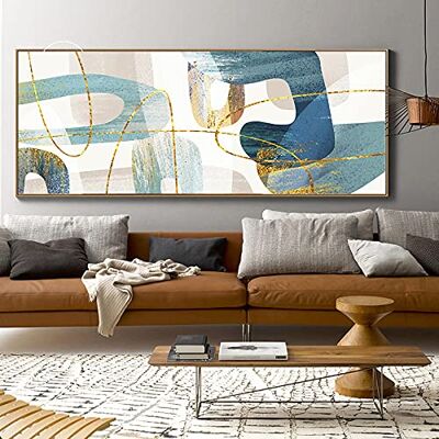 Quadros abstratos em forma de azul emoldurados para sala de estar impressão moderna decoração de escritório linha dourada arte da parede pintura em tela cartazes 76 x 183 cm (30 x 72 pol) com moldura Quadros abstratos em forma de azul emoldurados para sala de estar impressão moderna decoração de escritório linha dourada arte da parede pintura em tela cartazes 76 x 183 cm (30 x 72 pol) com moldura