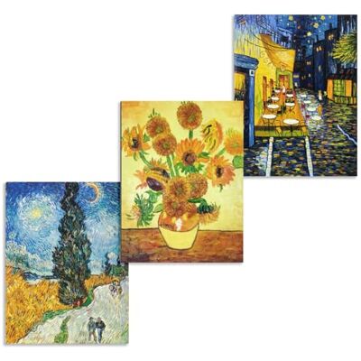 Fokenzary 3 painéis de pinturas a óleo de obras famosas de Vincent van Gogh sobre tela pintada à mão, , prontas para pendurar na parede, lona, 1 x 16 cm x 3 peças Fokenzary 3 painéis de pinturas a óleo de obras famosas de Vincent van Gogh sobre tela pintada à mão, , prontas para pendurar na parede, lona, 1 x 16 cm x 3 peças