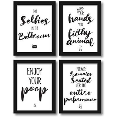 WIETRE Conjunto de 4 frases divertidas de banho para casa de banho, com citações decorativas, póster A4 divertido, sem moldura, preto e branco, 20 x 30 cm WIETRE Conjunto de 4 frases divertidas de banho para casa de banho, com citações decorativas, póster A4 divertido, sem moldura, preto e branco, 20 x 30 cm