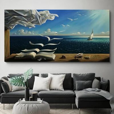 JACBON Modern Home Decor Salvador Dali Classic Surreal Artwork The Waves Book Sailboat Canvas Oil Painting Poster Wall Art 80 x 160 cm sem moldura JACBON Modern Home Decor Salvador Dali Classic Surreal Artwork The Waves Book Sailboat Canvas Oil Painting Poster Wall Art 80 x 160 cm sem moldura