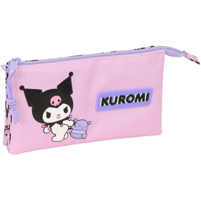 Safta Kuromi Estojo escolar tripla, porta-tudo infantil e juvenil, com 3 compartimentos separados com fecho de correr e bolso interior central, organizador regresso ao cole, rosa-lilás, medidas 22 x 3 Safta Kuromi Estojo escolar tripla, porta-tudo infantil e juvenil, com 3 compartimentos separados com fecho de correr e bolso interior central, organizador regresso ao cole, rosa-lilás, medidas 22 x 3