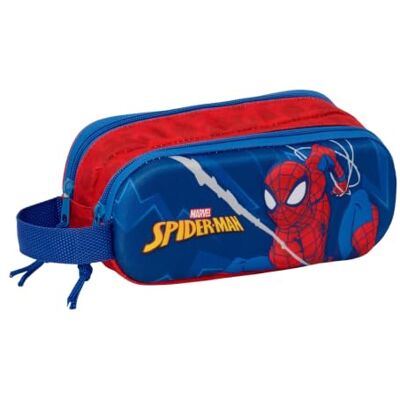 Safta Estojo escolar duplo 3D Marvel Spider-Man, porta-tudo infantil com dois compartimentos e fechos de correr, alça lateral de mão, design azul e vermelho, organizador para regresso às aulas Safta Estojo escolar duplo 3D Marvel Spider-Man, porta-tudo infantil com dois compartimentos e fechos de correr, alça lateral de mão, design azul e vermelho, organizador para regresso às aulas