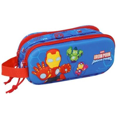 Safta Estojo escolar duplo 3D Iron Man Marvel, suporte para crianças com dois compartimentos e zíperes, alça lateral, medidas 21 x 6 x 8 cm, estojo escolar 2 compartimentos Safta Estojo escolar duplo 3D Iron Man Marvel, suporte para crianças com dois compartimentos e zíperes, alça lateral, medidas 21 x 6 x 8 cm, estojo escolar 2 compartimentos