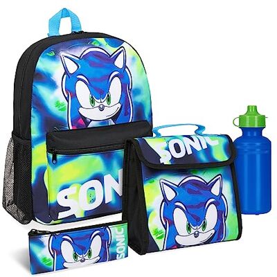 Get Trend Sonic The Hedgehog Mochilas escolares conjunto de 4 peças com garrafa de água estojo e lancheira Shadow material escolar, azul/verde Get Trend Sonic The Hedgehog Mochilas escolares conjunto de 4 peças com garrafa de água estojo e lancheira Shadow material escolar, azul/verde