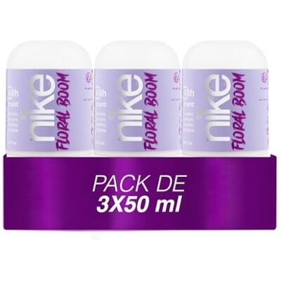 Nike Floral Boom Pack de 3 x 50 ml, desodorizante mulher Roll-On, desodorizante antimanchas para pele sensível, 0% álcool e 0% sais de alumínio, de longa duração, fragrância floral mizada Nike Floral Boom Pack de 3 x 50 ml, desodorizante mulher Roll-On, desodorizante antimanchas para pele sensível, 0% álcool e 0% sais de alumínio, de longa duração, fragrância floral mizada