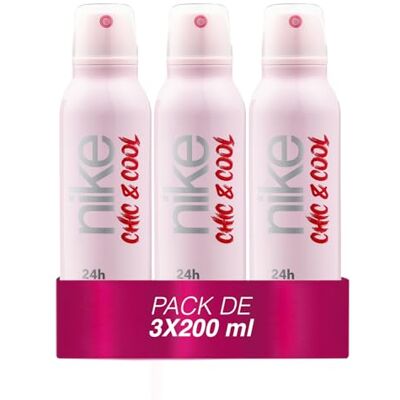 Nike Chic & Cool Pack de 3 x 200 ml, desodorizante para mulher em spray, desodorizante antimanchas para todos os tipos de pele, 0% sais de alumínio, de longa duração, fragrância frutada Nike Chic & Cool Pack de 3 x 200 ml, desodorizante para mulher em spray, desodorizante antimanchas para todos os tipos de pele, 0% sais de alumínio, de longa duração, fragrância frutada