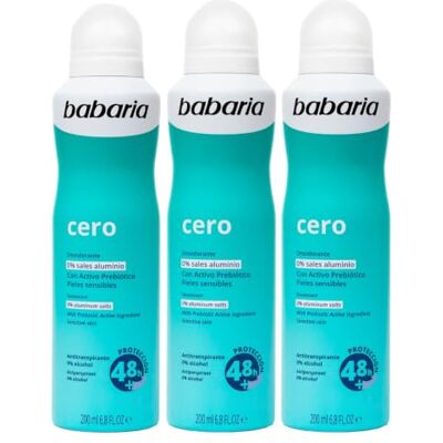 Babaria Desodorante mulher e homem em spray zero pack 3 sem alumínio peles sensíveis, sem álcool proteção contra a transpiração 24 h antitranspirante vegano, 200 ml Babaria Desodorante mulher e homem em spray zero pack 3 sem alumínio peles sensíveis, sem álcool proteção contra a transpiração 24 h antitranspirante vegano, 200 ml