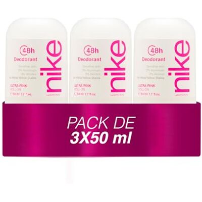 Nike Ultra Pink Pack de 3 x 50 ml, desodorizante mulher Roll-On, desodorizante antimanchas para pele sensível, 0% álcool e 0% sais de alumínio, de longa duração, fragrância oriental Gourmand Nike Ultra Pink Pack de 3 x 50 ml, desodorizante mulher Roll-On, desodorizante antimanchas para pele sensível, 0% álcool e 0% sais de alumínio, de longa duração, fragrância oriental Gourmand