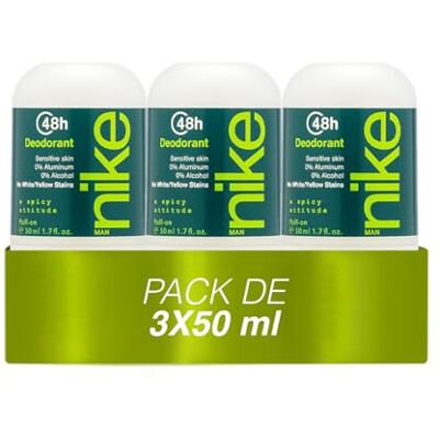 Nike A Spicy Attitude Pack de 3 x 50 ml, desodorizante homem Roll-On, desodorizante antimanchas para pele sensível, 0% álcool e 0% sais de alumínio, de longa duração, fragrância cítrica cromática Nike A Spicy Attitude Pack de 3 x 50 ml, desodorizante homem Roll-On, desodorizante antimanchas para pele sensível, 0% álcool e 0% sais de alumínio, de longa duração, fragrância cítrica cromática