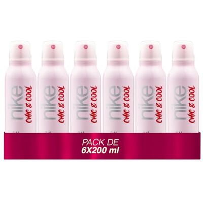Nike Chic & Cool Pack de 6 x 200 ml, desodorizante para mulher em spray, desodorizante antimanchas para todos os tipos de pele, 0% sais de alumínio, de longa duração, fragrância frutada Nike Chic & Cool Pack de 6 x 200 ml, desodorizante para mulher em spray, desodorizante antimanchas para todos os tipos de pele, 0% sais de alumínio, de longa duração, fragrância frutada