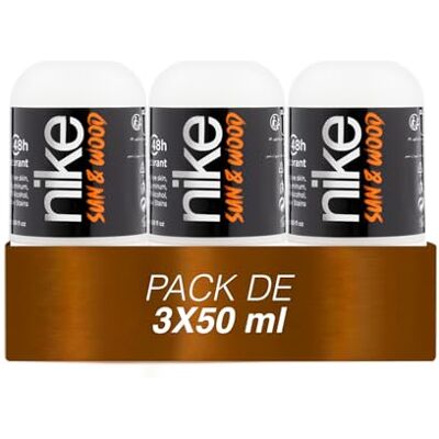 Nike Sun & Wood Pack de 3 x 50 ml, desodorizante homem Roll-On, desodorizante antimanchas para pele sensível, 0% álcool e 0% sais de alumínio, de longa duração, fragrância madeirada fruta âmbar Nike Sun & Wood Pack de 3 x 50 ml, desodorizante homem Roll-On, desodorizante antimanchas para pele sensível, 0% álcool e 0% sais de alumínio, de longa duração, fragrância madeirada fruta âmbar