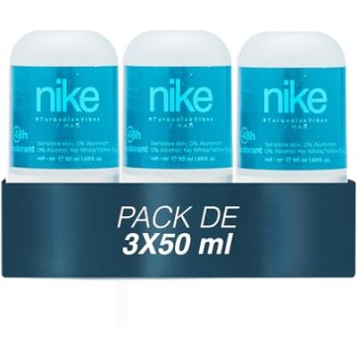 Nike Turquoise Vibes Pack de 3 x 50 ml, desodorizante homem Roll-On, desodorizante antimanchas para pele sensível, 0% álcool e 0% sais de alumínio, de longa duração, fragrância cítrica frutada Nike Turquoise Vibes Pack de 3 x 50 ml, desodorizante homem Roll-On, desodorizante antimanchas para pele sensível, 0% álcool e 0% sais de alumínio, de longa duração, fragrância cítrica frutada