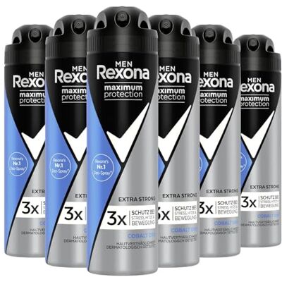 Rexona Men Maximum Protection Desodorante em spray Cobalt Dry antitranspirante com 48 horas de proteção contra o odor corporal e a humidade das axilas, 150 ml, 6 unidades Rexona Men Maximum Protection Desodorante em spray Cobalt Dry antitranspirante com 48 horas de proteção contra o odor corporal e a humidade das axilas, 150 ml, 6 unidades