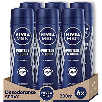 NIVEA MEN Protege & Cuida Spray, desodorizante para homem com máxima proteção de 48 horas, spray antitranspirante de cuidado masculino, 0% álcool pack de 6 x 200 ml NIVEA MEN Protege & Cuida Spray, desodorizante para homem com máxima proteção de 48 horas, spray antitranspirante de cuidado masculino, 0% álcool pack de 6 x 200 ml