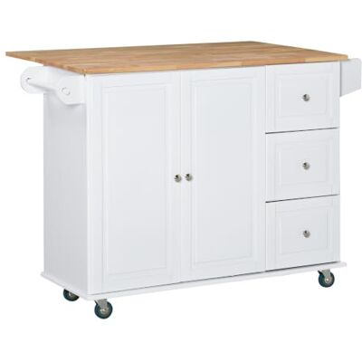 HOMCOM Carrinho de cozinha com rodas 3 gavetas, 2 portas e especiarias Ilha de cozinha, prateleira ajustável, barra de pendurar, 128,8 x 75,5 x 92,5 cm HOMCOM Carrinho de cozinha com rodas 3 gavetas, 2 portas e especiarias Ilha de cozinha, prateleira ajustável, barra de pendurar, 128,8 x 75,5 x 92,5 cm