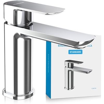 Bächlein Torneira de casa de banho de design clássico torneira monocomando com cartucho de cerâmica durável e kit de montagem, cromado cano plano Bächlein Torneira de casa de banho de design clássico torneira monocomando com cartucho de cerâmica durável e kit de montagem, cromado cano plano