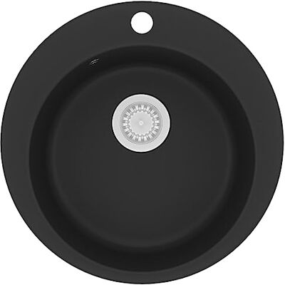 vidaXL Pia de Cozinha de 1 Copa Redonda Granito Preto Lava-louças Encimera vidaXL Pia de Cozinha de 1 Copa Redonda Granito Preto Lava-louças Encimera