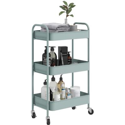 HOMCOM Carrito Auxiliar con Ruedas de 3 Niveles 45x30,6x79 cm Azul Claro Carrinho de cozinha, 3 cestas, 2 pegas, para casa de banho, quarto, escritório HOMCOM Carrito Auxiliar con Ruedas de 3 Niveles 45x30,6x79 cm Azul Claro Carrinho de cozinha, 3 cestas, 2 pegas, para casa de banho, quarto, escritório