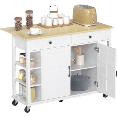 HOMCOM Ilha de cozinha com rodas, bancada dobrável, 2 gavetas, branco Carrinho de cozinha, 2 portas com fecho suave, 6 prateleiras abertas HOMCOM Ilha de cozinha com rodas, bancada dobrável, 2 gavetas, branco Carrinho de cozinha, 2 portas com fecho suave, 6 prateleiras abertas