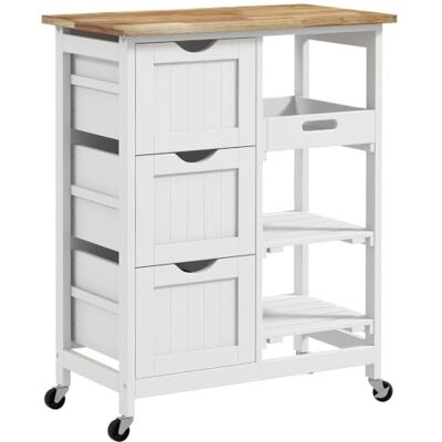 HOMCOM Carrinho de Cozinha Carrinho Auxiliar com Rodas, Painel de Madeira, 3 Gavetas, 2 Prateleiras Abertas e Bandeja Removível para Sala de Jantar e Sala de Estar, 67 x 37 x 85,5 cm, Branco Carrito Auxiliar, 3 Cajones, 2 Estantes Abiertos, Bandeja Extr HOMCOM Carrinho de Cozinha Carrinho Auxiliar com Rodas, Painel de Madeira, 3 Gavetas, 2 Prateleiras Abertas e Bandeja Removível para Sala de Jantar e Sala de Estar, 67 x 37 x 85,5 cm, Branco Carrito Auxiliar, 3 Cajones, 2 Estantes Abiertos, Bandeja Extr