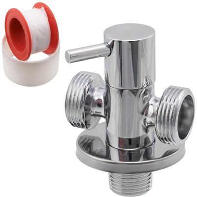AERZETIX Válvula em ângulo de saída dupla 1/2" x 3/4" x 3/4" com roseta e junta PTFE em latão acabamento niquelado torneira de água potável sanitária encaixe lavatório casa de banho cozinha AERZETIX Válvula em ângulo de saída dupla 1/2" x 3/4" x 3/4" com roseta e junta PTFE em latão acabamento niquelado torneira de água potável sanitária encaixe lavatório casa de banho cozinha