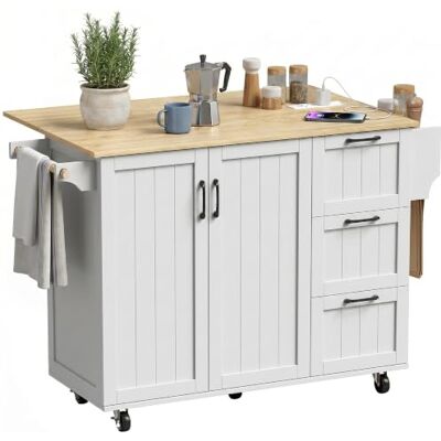 HOMCOM Ilha de cozinha com estação de carregamento, bancada extensível Carrinho de cozinha com rodas, 2 portas, 3 gavetas, prateleiras ajustáveis, especiarias, toalheiro HOMCOM Ilha de cozinha com estação de carregamento, bancada extensível Carrinho de cozinha com rodas, 2 portas, 3 gavetas, prateleiras ajustáveis, especiarias, toalheiro