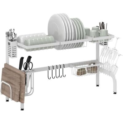 HOMCOM Escorredor de pratos sobre pia 2 níveis 100 x 30 x 54,5 cm branco Aço, escorredor de pratos, suporte tábua de cortar, suporte de talheres, para colocar acima do lava-loiças HOMCOM Escorredor de pratos sobre pia 2 níveis 100 x 30 x 54,5 cm branco Aço, escorredor de pratos, suporte tábua de cortar, suporte de talheres, para colocar acima do lava-loiças