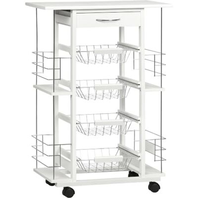HOMCOM Carrito de Cocina con Ruedas, Cajón, Comedor 57x37x83 cm Blanco Bancada ladrilhada, carrinho de legumes de madeira, 4 cestas metálicas, 4 suportes de especiarias laterais HOMCOM Carrito de Cocina con Ruedas, Cajón, Comedor 57x37x83 cm Blanco Bancada ladrilhada, carrinho de legumes de madeira, 4 cestas metálicas, 4 suportes de especiarias laterais