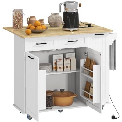HOMCOM Ilha de cozinha com rodas e tomada USB, placa dobrável, branco Carrinho de cozinha, 2 gavetas, 2 portas, prateleira ajustável, especiarias, toalheiro, 119,5 x 74 x 94,5 cm HOMCOM Ilha de cozinha com rodas e tomada USB, placa dobrável, branco Carrinho de cozinha, 2 gavetas, 2 portas, prateleira ajustável, especiarias, toalheiro, 119,5 x 74 x 94,5 cm