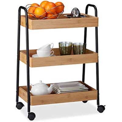 Relaxdays Empregada de mesa com 3 pisas, alças e rodas giratórias de 360º Alças e rodas giratórias 360º, bambu, aço e DM, castanho e preto Relaxdays Empregada de mesa com 3 pisas, alças e rodas giratórias de 360º Alças e rodas giratórias 360º, bambu, aço e DM, castanho e preto