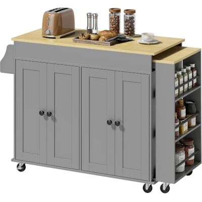 HOMCOM Ilha de cozinha com rodas, bancada extensível, 4 portas, cinzento Carrinho de cozinha, prateleiras ajustáveis, prateleiras laterais abertas, especiarias, suporte para toalhas HOMCOM Ilha de cozinha com rodas, bancada extensível, 4 portas, cinzento Carrinho de cozinha, prateleiras ajustáveis, prateleiras laterais abertas, especiarias, suporte para toalhas