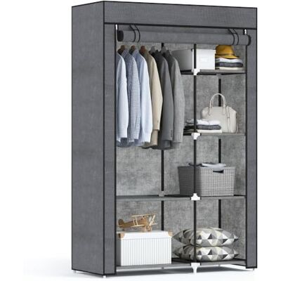 HOMCOM Armario de Tela con Barra para Colgar 103x43x162,5 cm Gris Oscuro Armário portátil, 6 prateleiras, moldura de aço, para quarto, armário de vestir HOMCOM Armario de Tela con Barra para Colgar 103x43x162,5 cm Gris Oscuro Armário portátil, 6 prateleiras, moldura de aço, para quarto, armário de vestir
