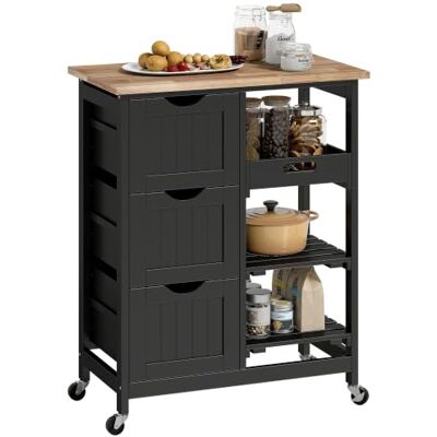 HOMCOM Carro de Cocina con Ruedas Tablero de Madera 67x37x85,5 cm Negro Carrinho auxiliar, 3 gavetas, 2 prateleiras abertas, bandeja removível, para sala de jantar sala de estar HOMCOM Carro de Cocina con Ruedas Tablero de Madera 67x37x85,5 cm Negro Carrinho auxiliar, 3 gavetas, 2 prateleiras abertas, bandeja removível, para sala de jantar sala de estar