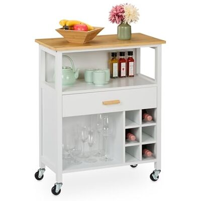 Relaxdays Carrinho auxiliar de cozinha, garrafeiro, para 6 garrafas, gaveta, 2 espaços, 80 x 65 x 35 cm, bambu, branco/natural Relaxdays Carrinho auxiliar de cozinha, garrafeiro, para 6 garrafas, gaveta, 2 espaços, 80 x 65 x 35 cm, bambu, branco/natural