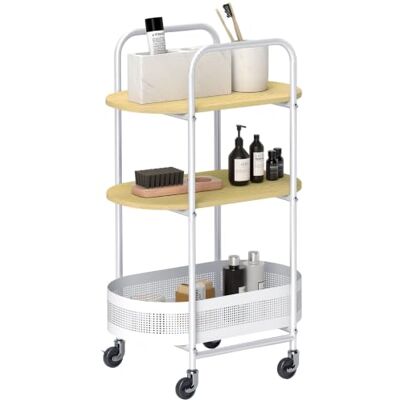 HOMCOM Carrinho auxiliar 49,5 x 32,5 x 82,5 cm, branco e madeira natural Com rodas, carrinho de cozinha de 3 níveis, carrinho de armazenamento com cesta e prateleiras, carga 30 kg HOMCOM Carrinho auxiliar 49,5 x 32,5 x 82,5 cm, branco e madeira natural Com rodas, carrinho de cozinha de 3 níveis, carrinho de armazenamento com cesta e prateleiras, carga 30 kg