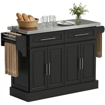 HOMCOM Ilha de cozinha com rodas placa de aço inoxidável preto carrinho de cozinha, 2 gavetas, 4 portas, 2 prateleiras ajustáveis, especiarias e toalheiro, 145 x 45 x 93 cm, HOMCOM Ilha de cozinha com rodas placa de aço inoxidável preto carrinho de cozinha, 2 gavetas, 4 portas, 2 prateleiras ajustáveis, especiarias e toalheiro, 145 x 45 x 93 cm,