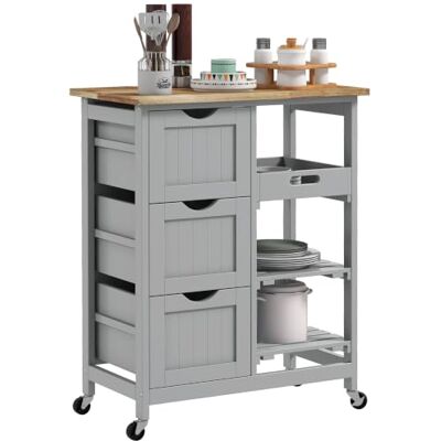 HOMCOM Carro de Cocina con Ruedas Tablero de Madera 67x37x85,5 cm Gris Carrinho auxiliar, 3 gavetas, 2 prateleiras abertas, bandeja removível, para sala de jantar sala de estar HOMCOM Carro de Cocina con Ruedas Tablero de Madera 67x37x85,5 cm Gris Carrinho auxiliar, 3 gavetas, 2 prateleiras abertas, bandeja removível, para sala de jantar sala de estar