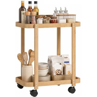 HOMCOM Carrinho de cozinha de bambu de 2 níveis 54 x 36,5 x 60 cm natural Carrinho auxiliar de cozinha com rodas, 2 prateleiras abertas, design curvo, para sala de jantar HOMCOM Carrinho de cozinha de bambu de 2 níveis 54 x 36,5 x 60 cm natural Carrinho auxiliar de cozinha com rodas, 2 prateleiras abertas, design curvo, para sala de jantar