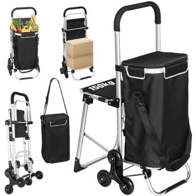 HOMCOM Carrinho de compras dobrável 3 em 1 40 L de alumínio com assento Carrinho de compras com 6 rodas, assento colapsável, bolsa térmica removível e alça ajustável, para supermercado HOMCOM Carrinho de compras dobrável 3 em 1 40 L de alumínio com assento Carrinho de compras com 6 rodas, assento colapsável, bolsa térmica removível e alça ajustável, para supermercado