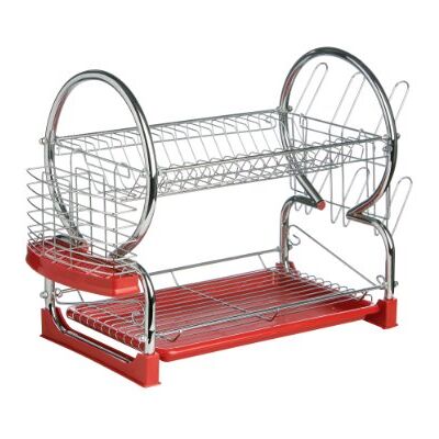 Premier Premium Latin Music Housewares Escorredor de pratos de 2 pisos (com bandeja removível cor vermelha), cromado Premier Premium Latin Music Housewares Escorredor de pratos de 2 pisos (com bandeja removível cor vermelha), cromado